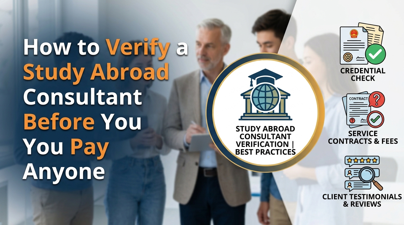 Create a simple and professional featured image for a blog on topic "Topic" How to Verify a Study Abroad Consultant Before You Pay Anyone